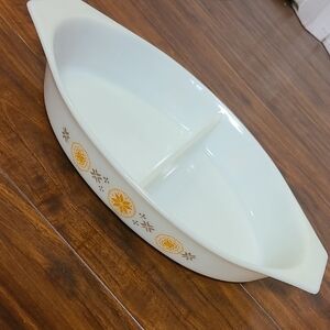 Vintage Pyrex White Divided Serving Dish with Town And Country Pattern